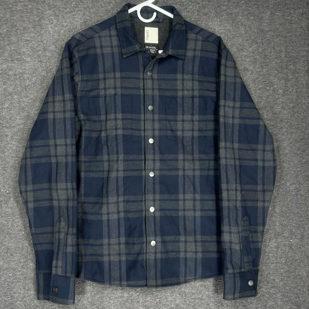 Vuori Range Shirt Jacket Mens L Blue Gray Plaid Flannel Fleece Lined Snap button